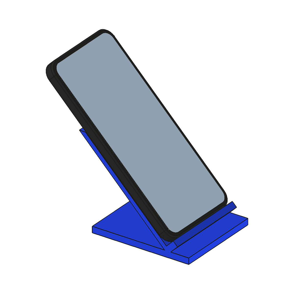 A blue phone stand holding a phone